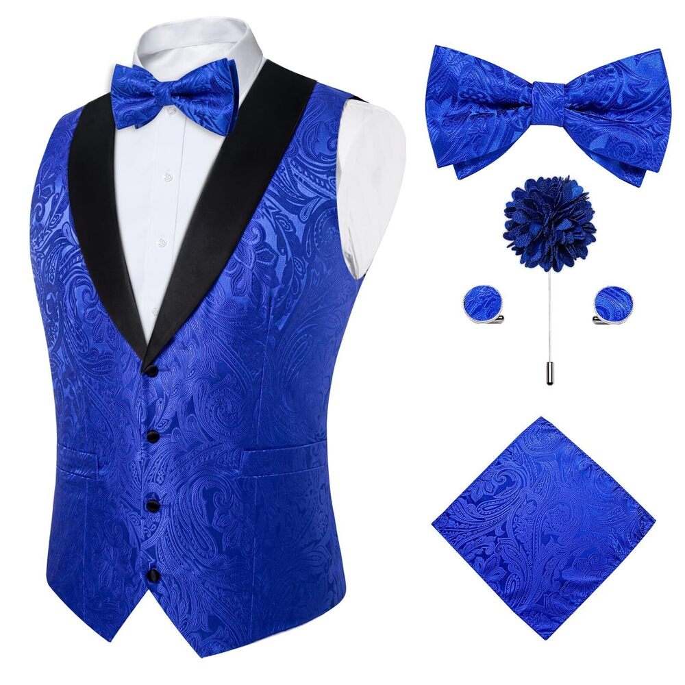 6824 Royal Blue Vest Bowtie Set 5PCS Silk Paisley Waistcoat and Bowtie